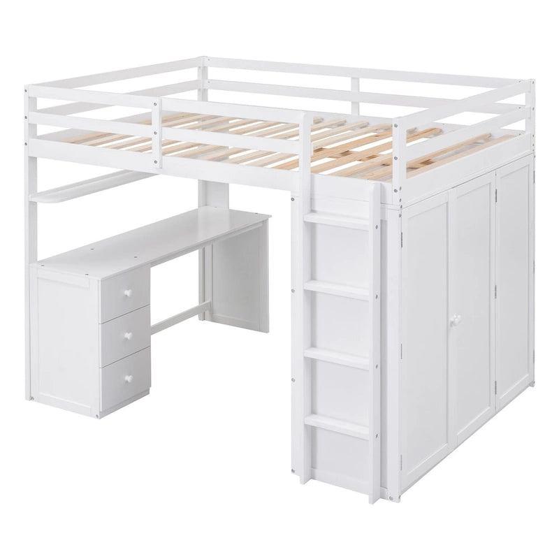 Cama alta de tamaño completo con cajones, escritorio y armario