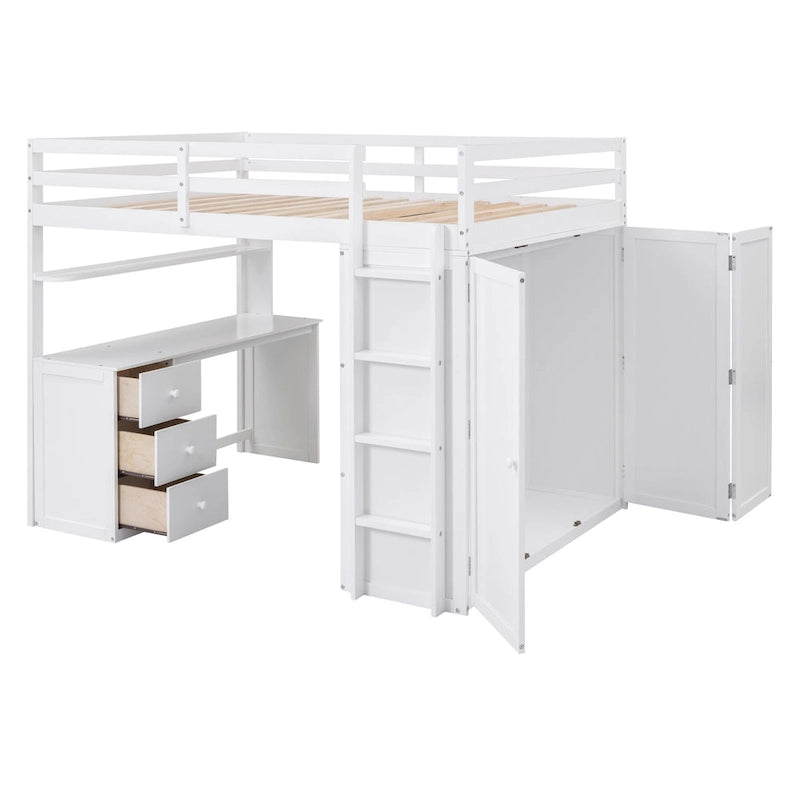 Cama alta de tamaño completo con cajones, escritorio y armario