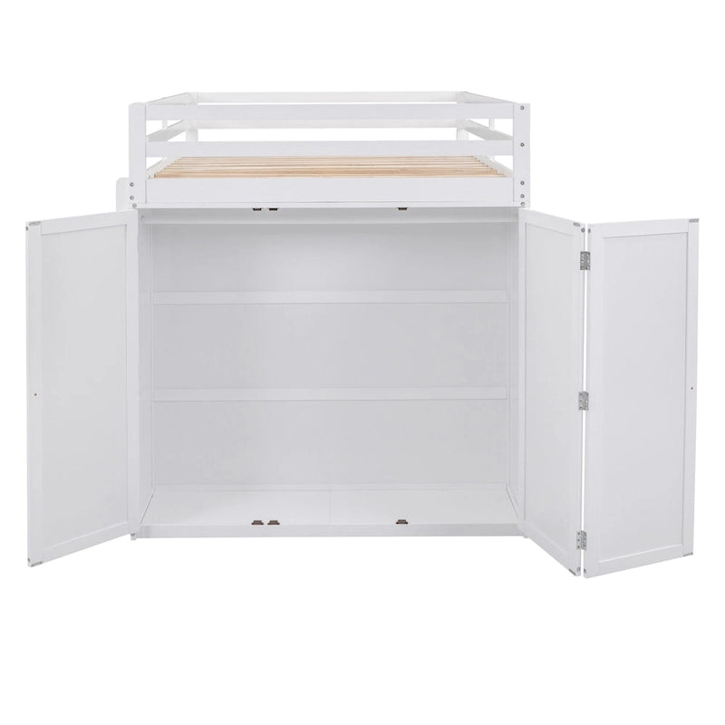 Cama alta de tamaño completo con cajones, escritorio y armario