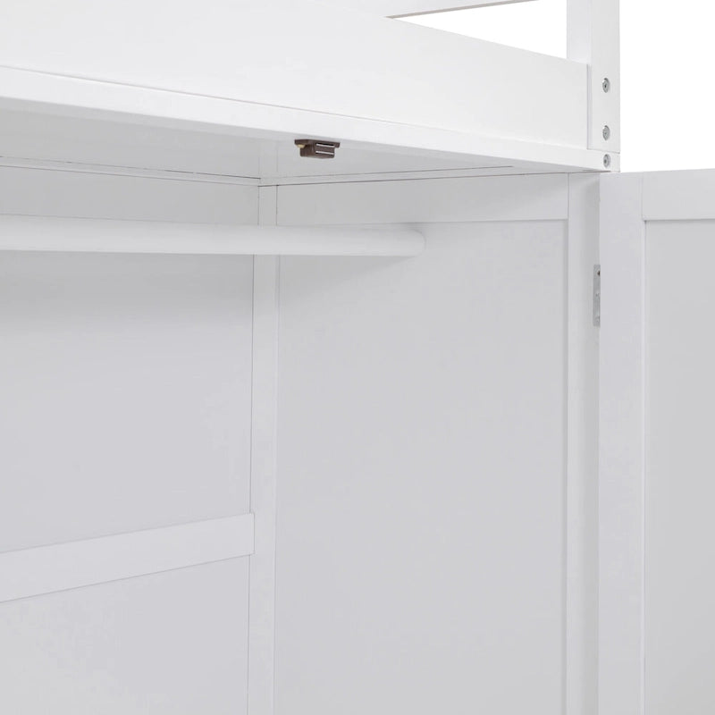 Cama alta de tamaño completo con cajones, escritorio y armario