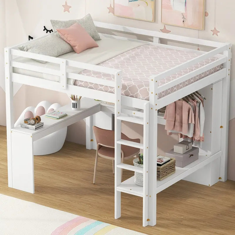 Cama alta de tamaño completo con escritorio en forma de L, armario y estantes de almacenamiento