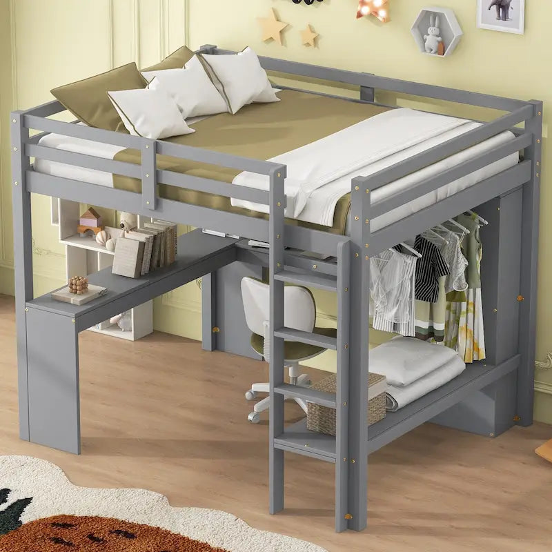 Cama alta de tamaño completo con escritorio en forma de L, armario y estantes de almacenamiento