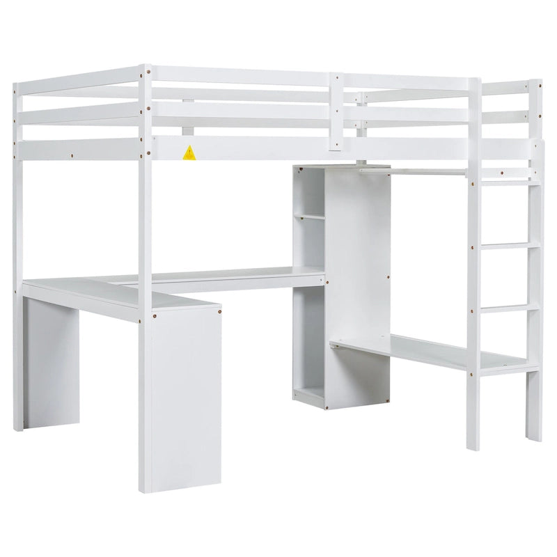 Cama alta de tamaño completo con escritorio en forma de L, armario y estantes de almacenamiento