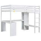 Cama alta de tamaño completo con escritorio en forma de L, armario y estantes de almacenamiento