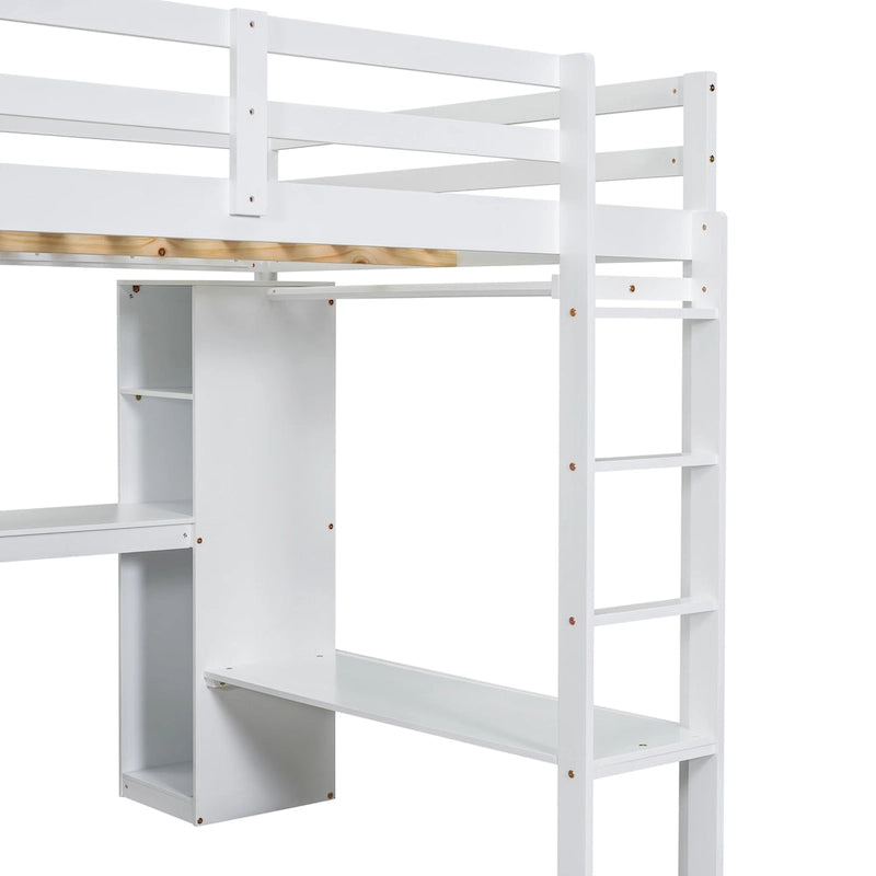 Cama alta de tamaño completo con escritorio en forma de L, armario y estantes de almacenamiento