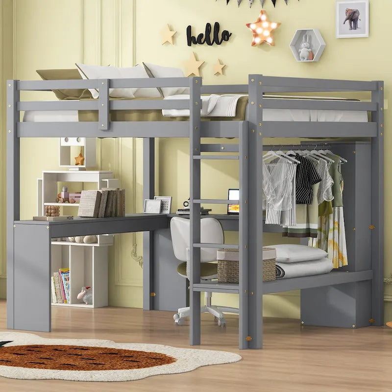 Cama alta de tamaño completo con escritorio en forma de L, armario y estantes de almacenamiento