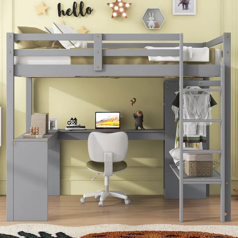 Cama alta de tamaño completo con escritorio en forma de L, armario y estantes de almacenamiento
