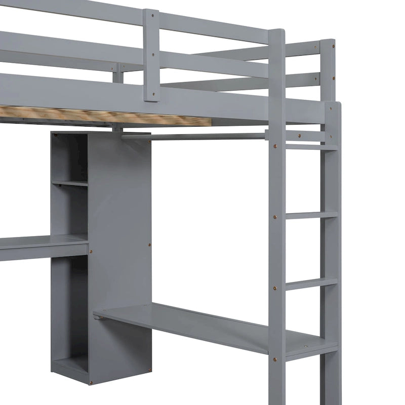 Cama alta de tamaño completo con escritorio en forma de L, armario y estantes de almacenamiento