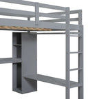 Cama alta de tamaño completo con escritorio en forma de L, armario y estantes de almacenamiento