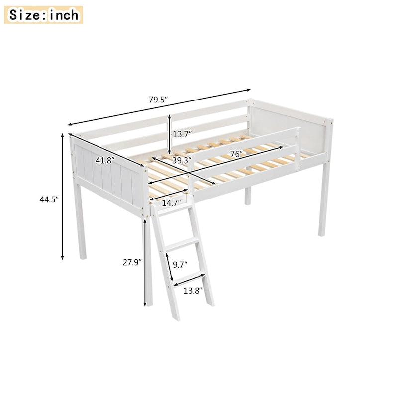 Cama baja tipo loft de madera tamaño Twin con escalera que se puede colocar a la izquierda o a la derecha, Gris