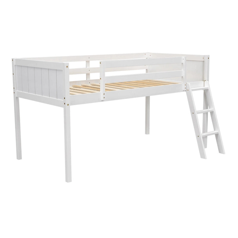 Cama baja tipo loft de madera tamaño Twin con escalera que se puede colocar a la izquierda o a la derecha, Gris