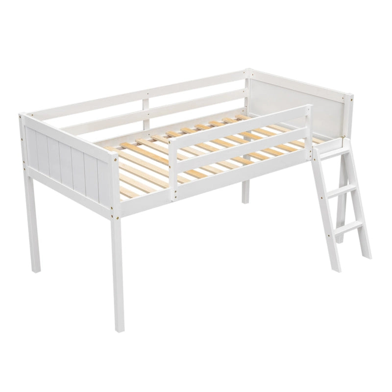 Cama baja tipo loft de madera tamaño Twin con escalera que se puede colocar a la izquierda o a la derecha, Gris
