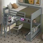 Cama alta de tamaño completo con escritorio multiusos en forma de L, luz LED y estación de carga USB, banco de almacenamiento de madera para cama alta con 2 cajones