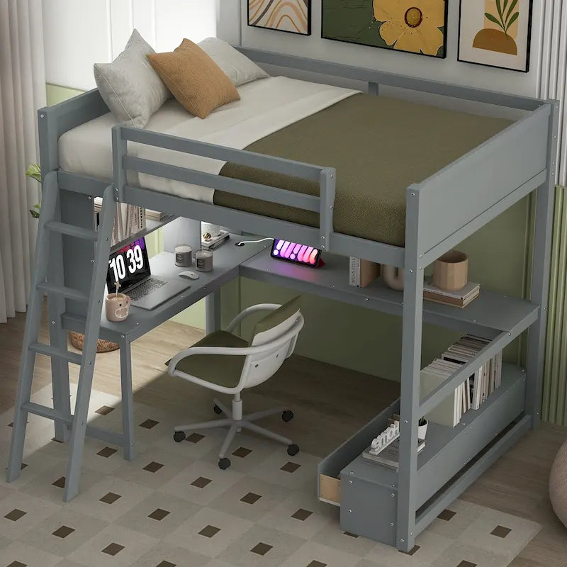 Cama alta de tamaño completo con escritorio multiusos en forma de L, luz LED y estación de carga USB, banco de almacenamiento de madera para cama alta con 2 cajones
