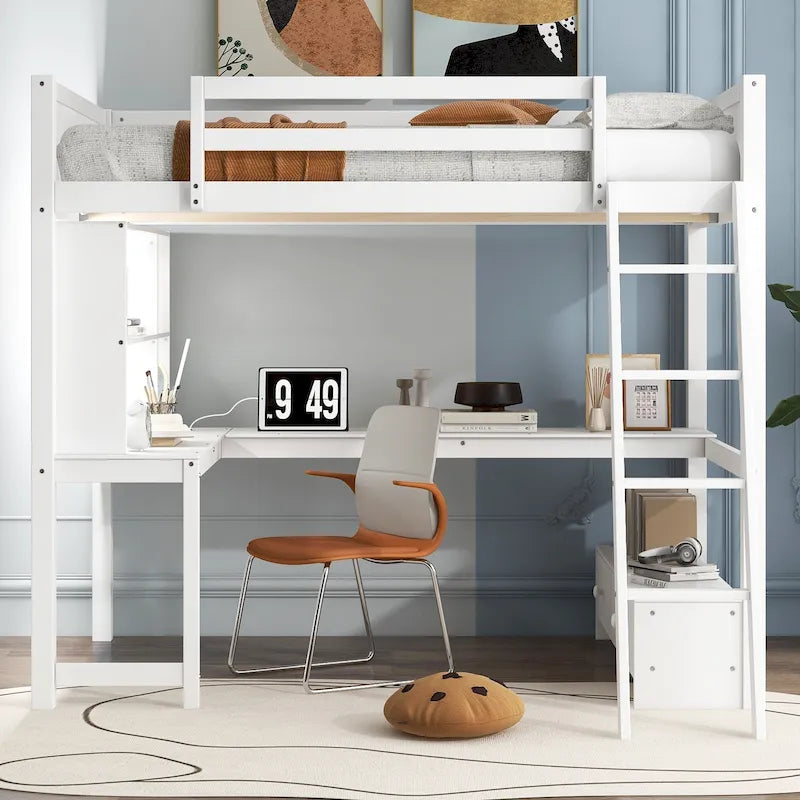 Cama alta de tamaño completo con escritorio multiusos en forma de L, luz LED y estación de carga USB, banco de almacenamiento de madera para cama alta con 2 cajones
