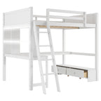 Full Size Loft Bed with L-shaped Multi-storage Desk, LED light & USB Charging Station, Wooden Loft Bed Storage Bench w/2 Drawers