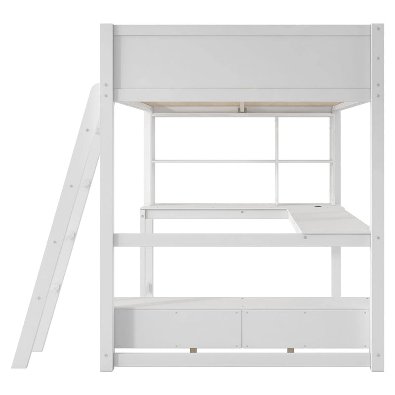 Cama alta de tamaño completo con escritorio multiusos en forma de L, luz LED y estación de carga USB, banco de almacenamiento de madera para cama alta con 2 cajones