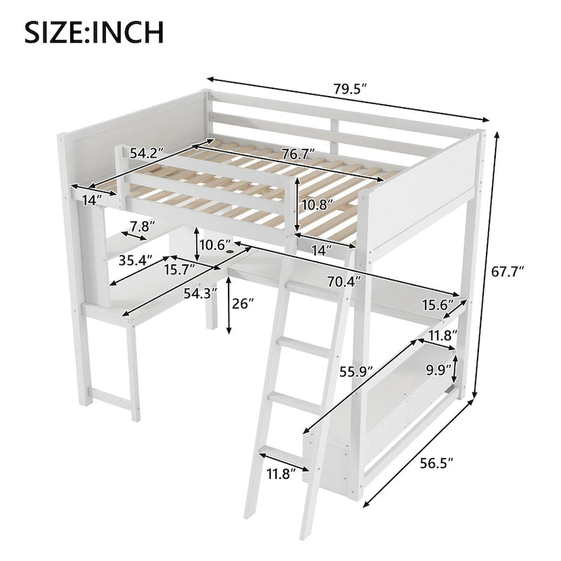 Cama alta de tamaño completo con escritorio multiusos en forma de L, luz LED y estación de carga USB, banco de almacenamiento de madera para cama alta con 2 cajones
