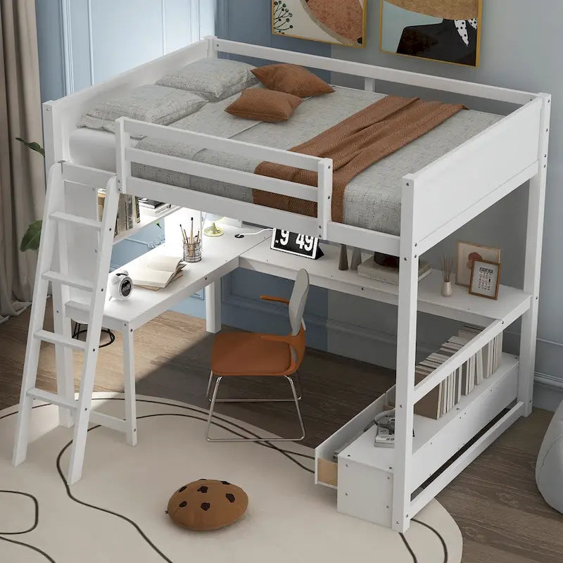 Cama alta de tamaño completo con escritorio multiusos en forma de L, luz LED y estación de carga USB, banco de almacenamiento de madera para cama alta con 2 cajones