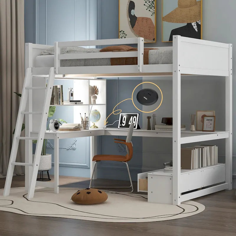 Cama alta de tamaño completo con escritorio multiusos en forma de L, luz LED y estación de carga USB, banco de almacenamiento de madera para cama alta con 2 cajones