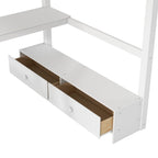 Cama alta de tamaño completo con escritorio multiusos en forma de L, luz LED y estación de carga USB, banco de almacenamiento de madera para cama alta con 2 cajones