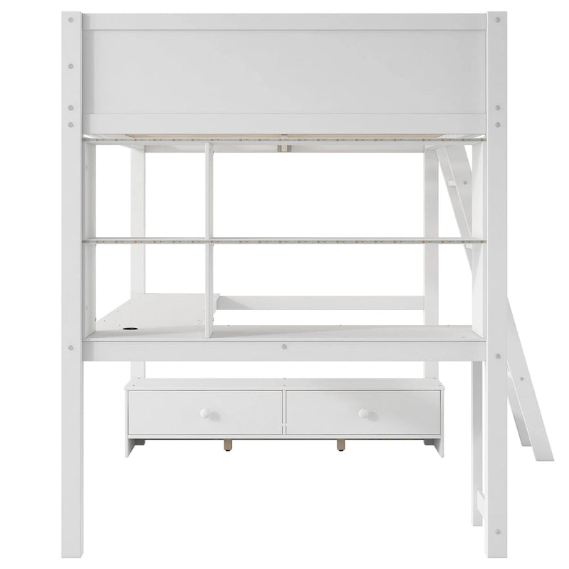 Cama alta de tamaño completo con escritorio multiusos en forma de L, luz LED y estación de carga USB, banco de almacenamiento de madera para cama alta con 2 cajones