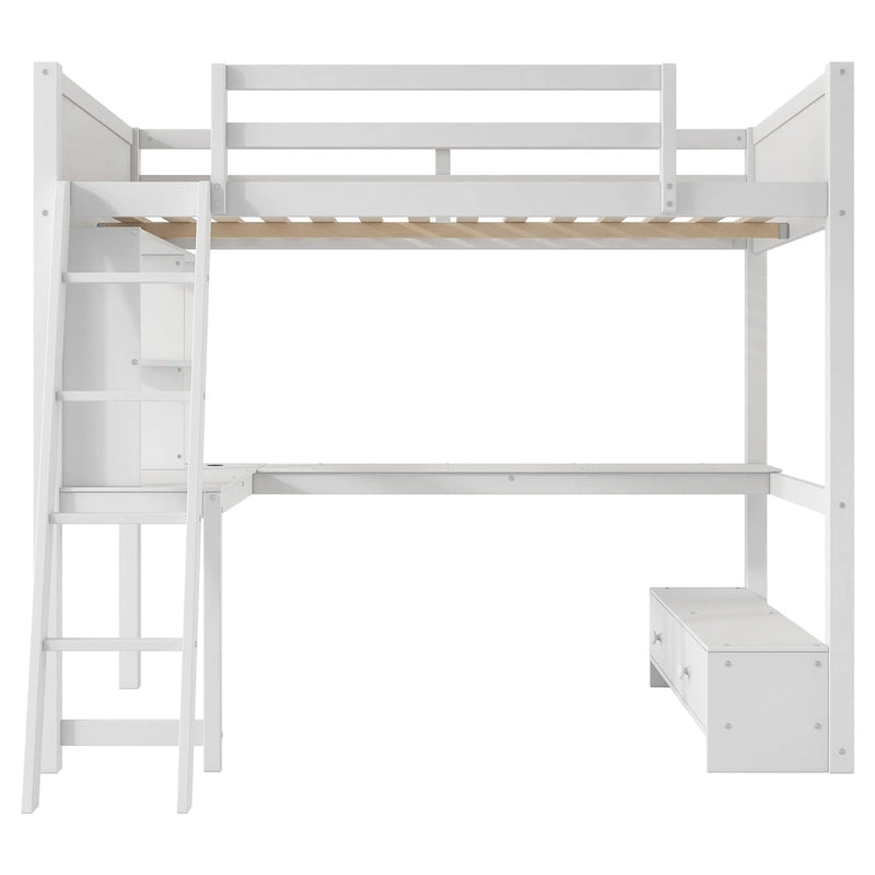 Cama alta de tamaño completo con escritorio multiusos en forma de L, luz LED y estación de carga USB, banco de almacenamiento de madera para cama alta con 2 cajones