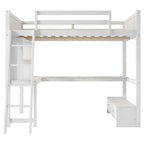Cama alta de tamaño completo con escritorio multiusos en forma de L, luz LED y estación de carga USB, banco de almacenamiento de madera para cama alta con 2 cajones