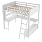 Cama alta de tamaño completo con escritorio multiusos en forma de L, luz LED y estación de carga USB, banco de almacenamiento de madera para cama alta con 2 cajones