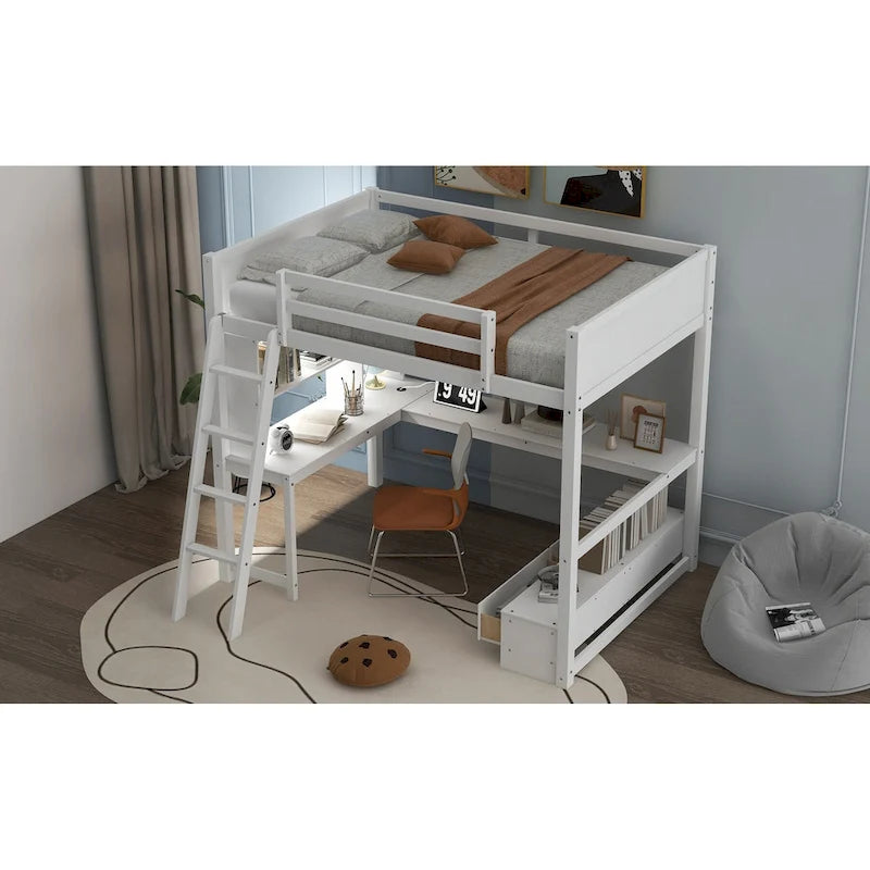Cama alta de tamaño completo con escritorio multiusos en forma de L, luz LED y estación de carga USB, banco de almacenamiento de madera para cama alta con 2 cajones