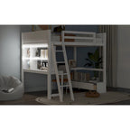 Cama alta de tamaño completo con escritorio multiusos en forma de L, luz LED y estación de carga USB, banco de almacenamiento de madera para cama alta con 2 cajones