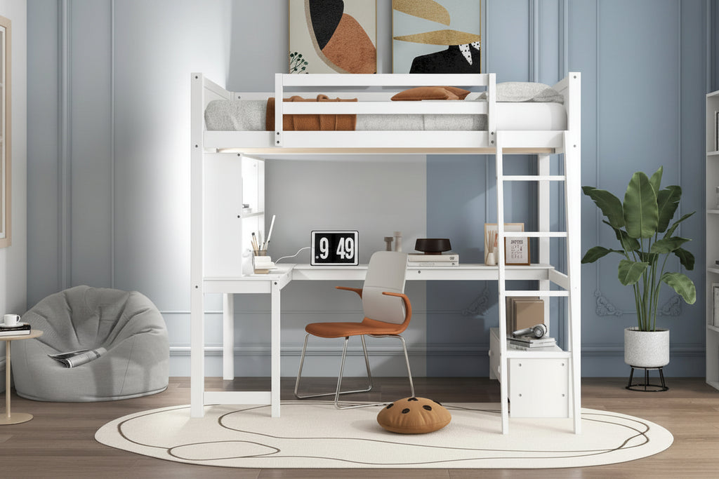 Cama alta de tamaño completo con escritorio multiusos en forma de L, luz LED y estación de carga USB, banco de almacenamiento de madera para cama alta con 2 cajones