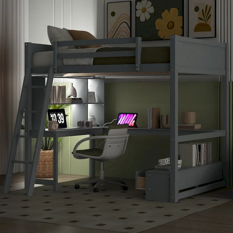 Cama alta de tamaño completo con escritorio multiusos en forma de L, luz LED y estación de carga USB, banco de almacenamiento de madera para cama alta con 2 cajones