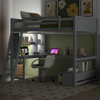 Cama alta de tamaño completo con escritorio multiusos en forma de L, luz LED y estación de carga USB, banco de almacenamiento de madera para cama alta con 2 cajones