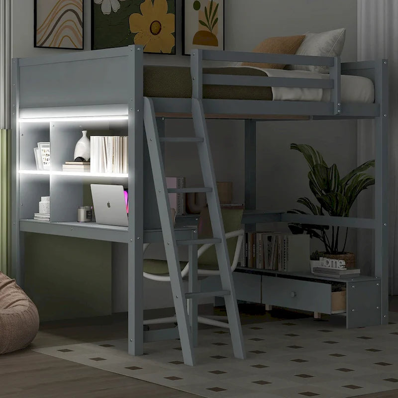 Cama alta de tamaño completo con escritorio multiusos en forma de L, luz LED y estación de carga USB, banco de almacenamiento de madera para cama alta con 2 cajones