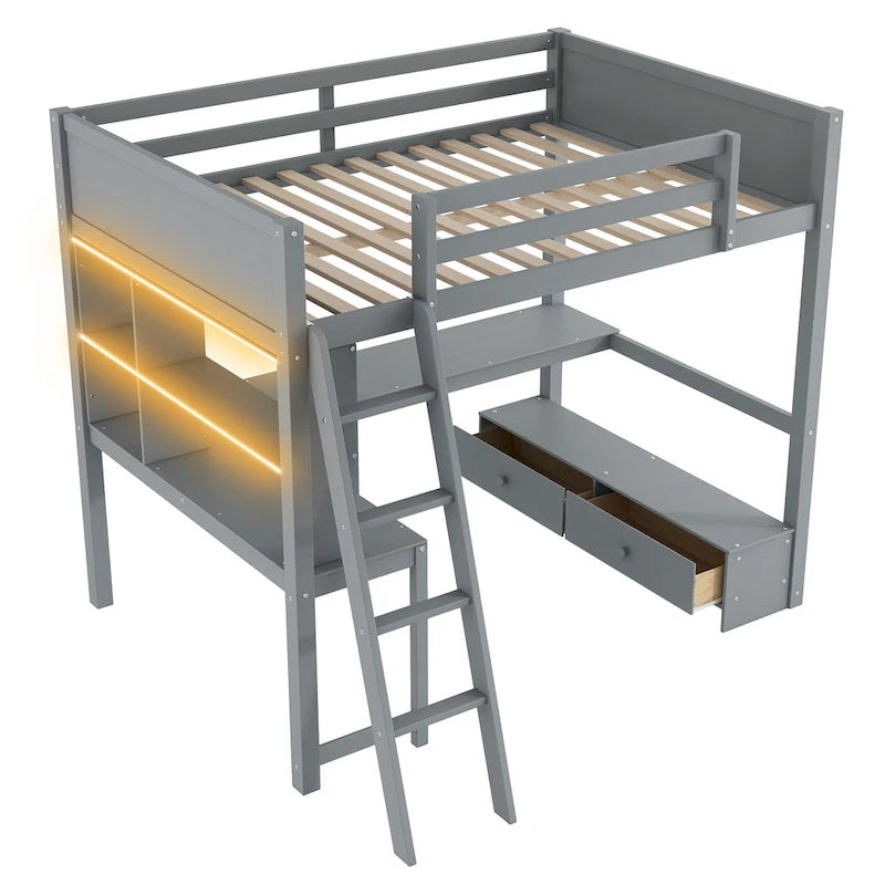 Cama alta de tamaño completo con escritorio multiusos en forma de L, luz LED y estación de carga USB, banco de almacenamiento de madera para cama alta con 2 cajones