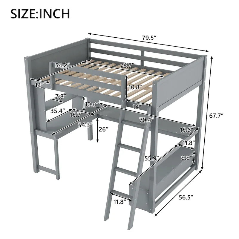 Cama alta de tamaño completo con escritorio multiusos en forma de L, luz LED y estación de carga USB, banco de almacenamiento de madera para cama alta con 2 cajones