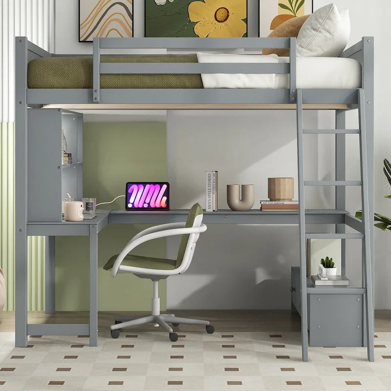 Cama alta de tamaño completo con escritorio multiusos en forma de L, luz LED y estación de carga USB, banco de almacenamiento de madera para cama alta con 2 cajones