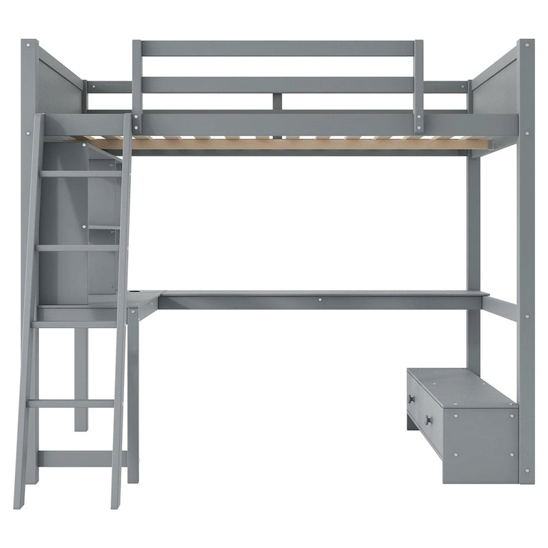 Cama alta de tamaño completo con escritorio multiusos en forma de L, luz LED y estación de carga USB, banco de almacenamiento de madera para cama alta con 2 cajones