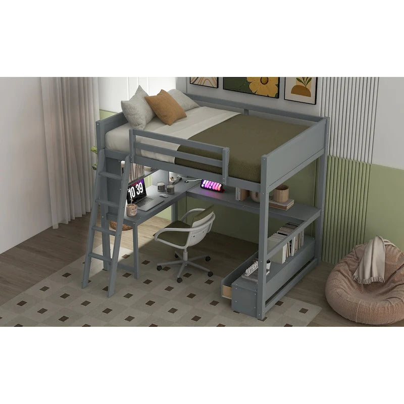 Cama alta de tamaño completo con escritorio multiusos en forma de L, luz LED y estación de carga USB, banco de almacenamiento de madera para cama alta con 2 cajones