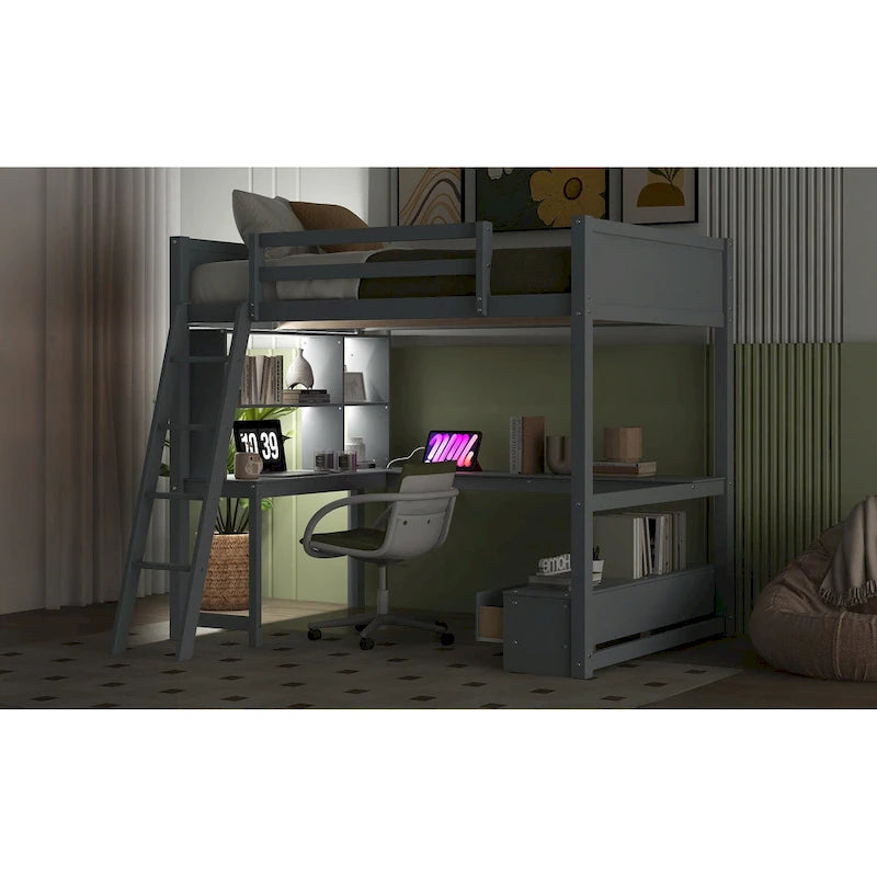 Cama alta de tamaño completo con escritorio multiusos en forma de L, luz LED y estación de carga USB, banco de almacenamiento de madera para cama alta con 2 cajones