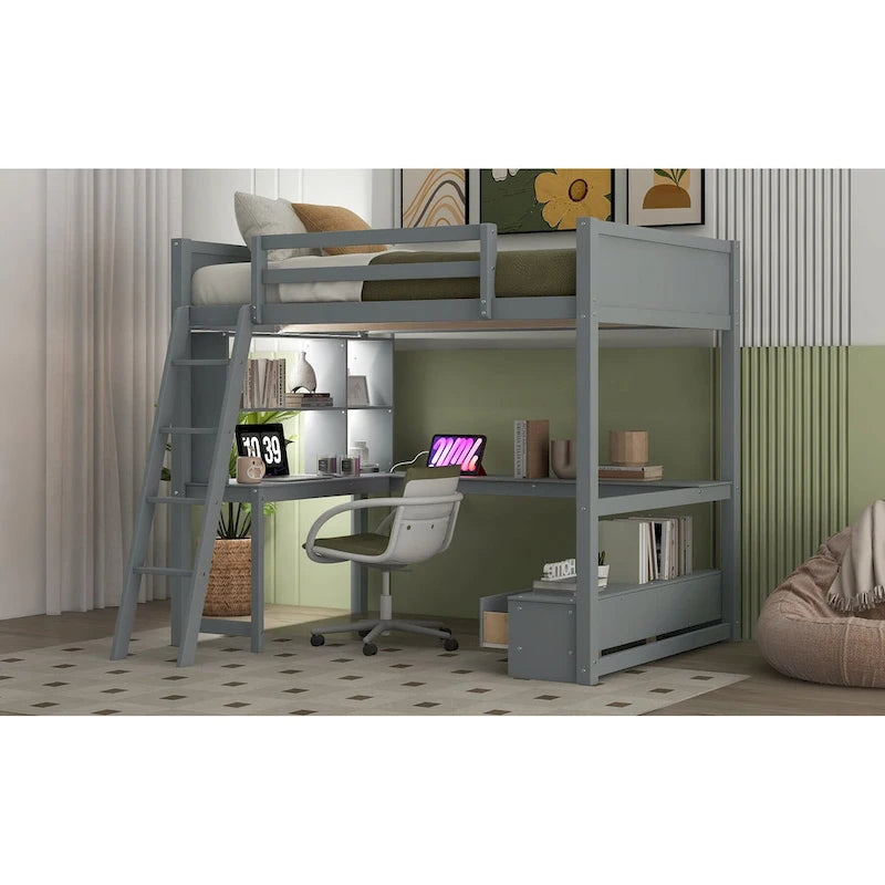 Cama alta de tamaño completo con escritorio multiusos en forma de L, luz LED y estación de carga USB, banco de almacenamiento de madera para cama alta con 2 cajones