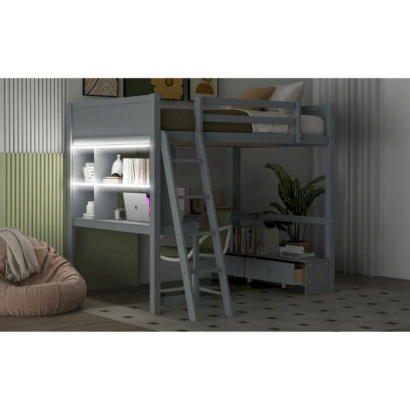Cama alta de tamaño completo con escritorio multiusos en forma de L, luz LED y estación de carga USB, banco de almacenamiento de madera para cama alta con 2 cajones