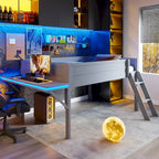 Cama alta baja con escritorio integrado y luces LED, estructura de cama alta de madera para gamers con escalera inclinada, para niños y niñas