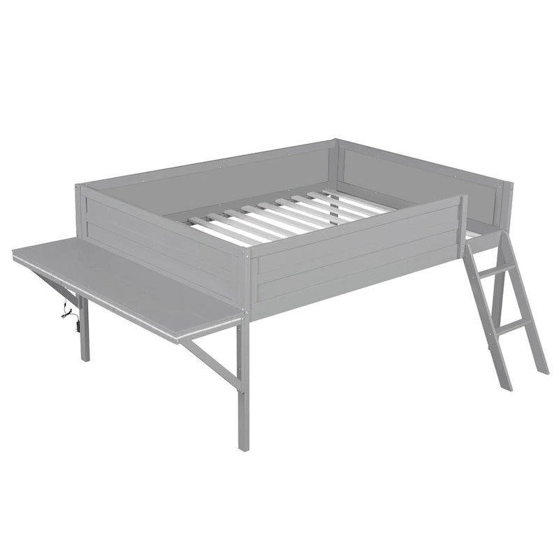 Cama alta baja con escritorio integrado y luces LED, estructura de cama alta de madera para gamers con escalera inclinada, para niños y niñas