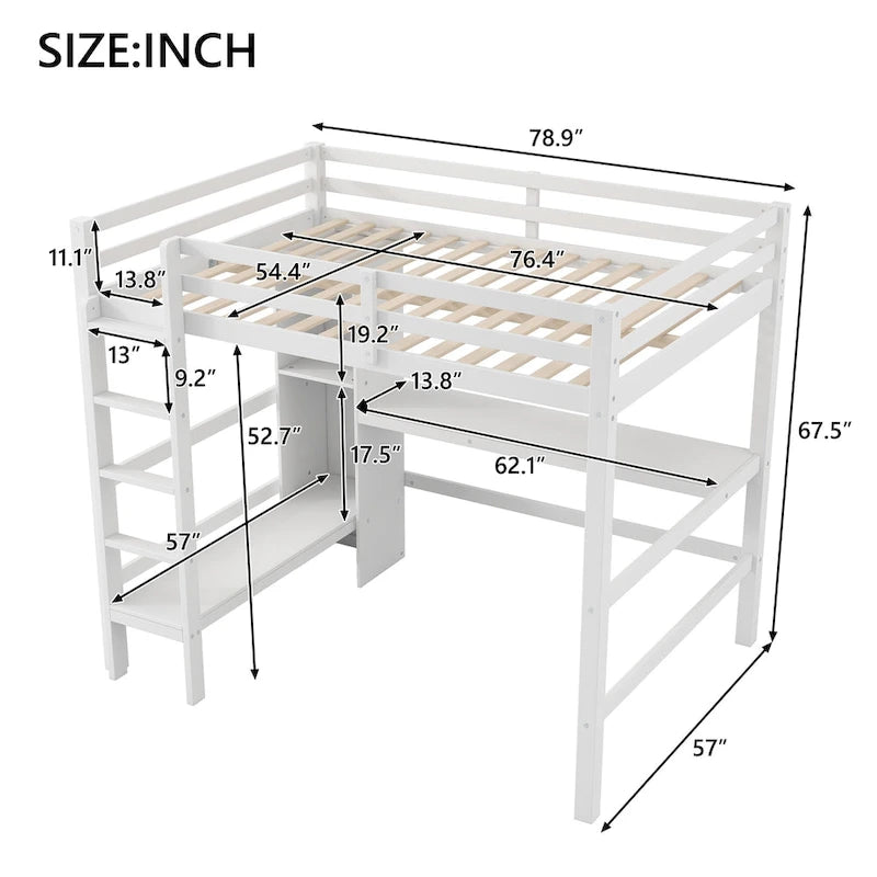 Cama alta matrimonial con estantes de almacenamiento y escritorio, estructura de cama infantil multifuncional con estantería abierta