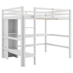 Cama alta matrimonial con estantes de almacenamiento y escritorio, estructura de cama infantil multifuncional con estantería abierta