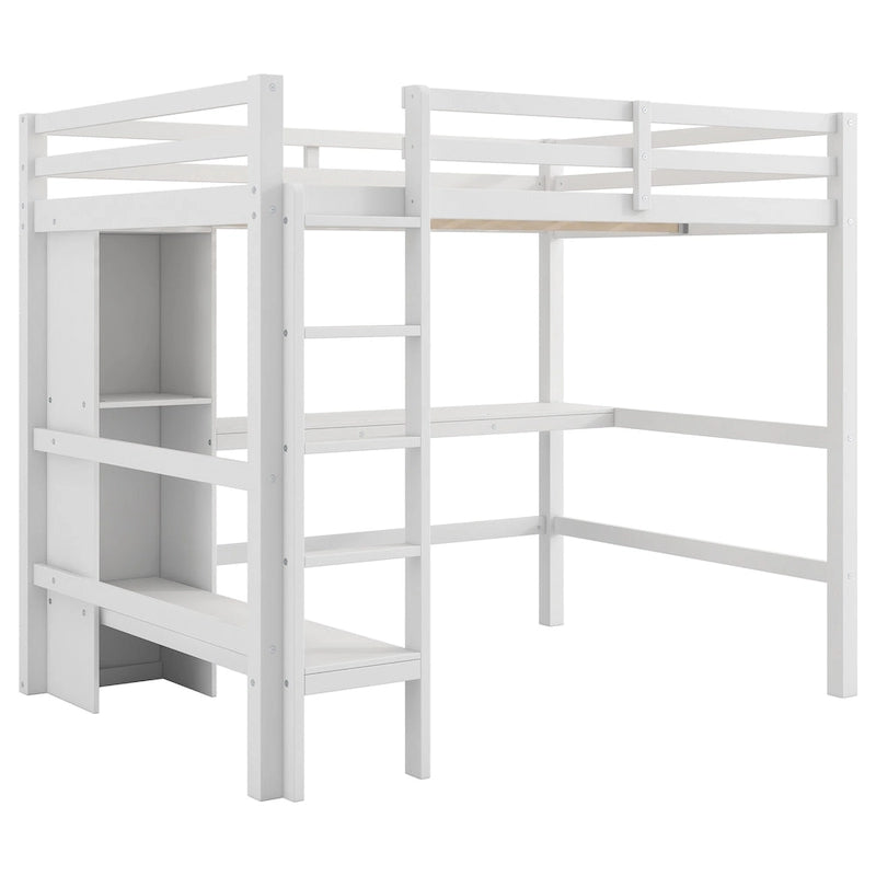 Cama alta matrimonial con estantes de almacenamiento y escritorio, estructura de cama infantil multifuncional con estantería abierta