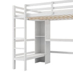 Cama alta matrimonial con estantes de almacenamiento y escritorio, estructura de cama infantil multifuncional con estantería abierta
