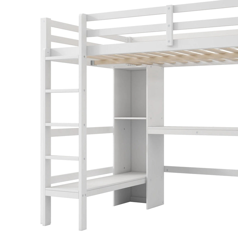 Cama alta matrimonial con estantes de almacenamiento y escritorio, estructura de cama infantil multifuncional con estantería abierta